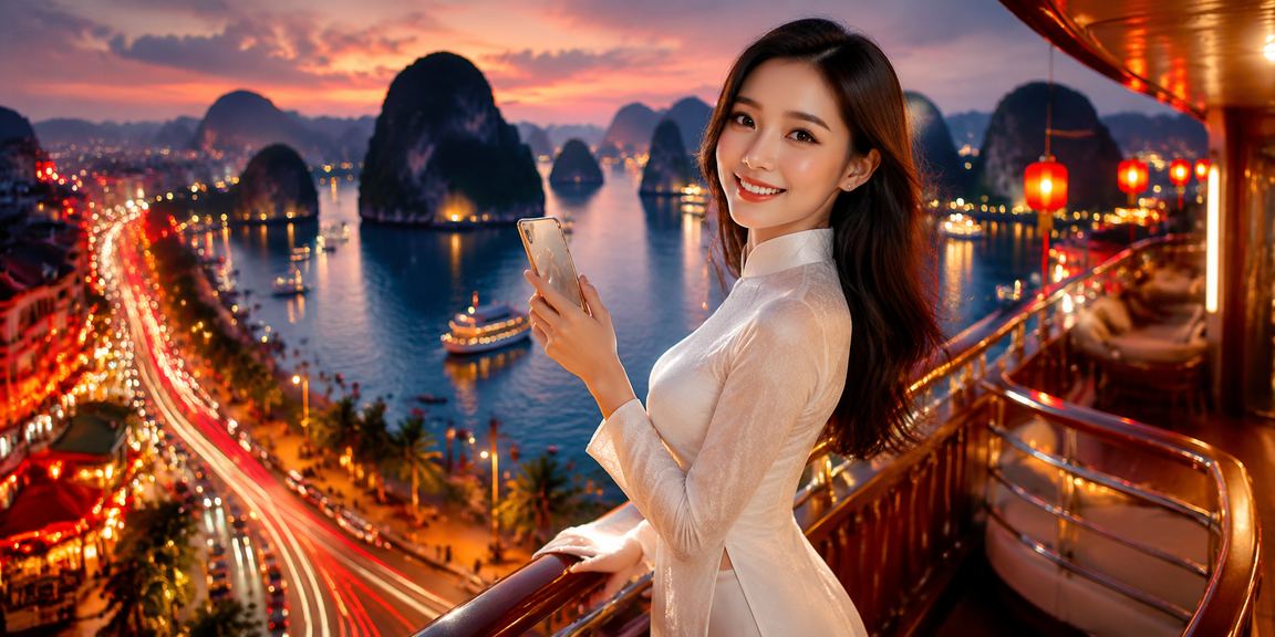 Phụ nữ mặc áo dài sử dụng điện thoại chơi casino tại Vịnh Hạ Long