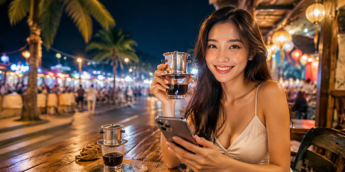 Người dùng Nha Trang ngồi cà phê dùng điện thoại chơi casino và kiểm tra giao dịch